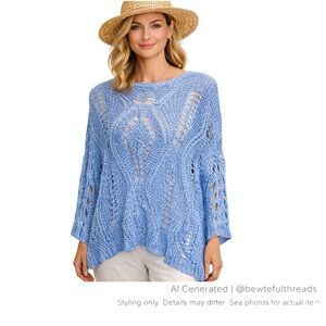 Charlie B XL Blue Open Knit Sweater Oversized Coastal Relaxed Boho